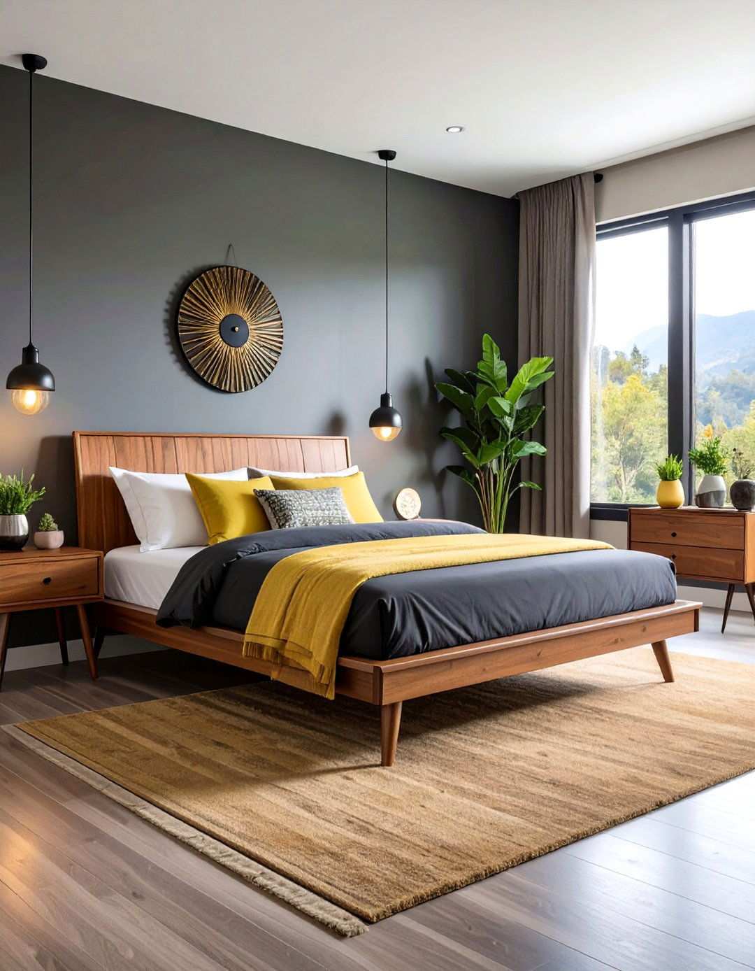 Mid Century Modern Mixes Ebony Frames and Teak in a Black and Brown Bedroom - 20 Black and Brown Bedroom Ideas