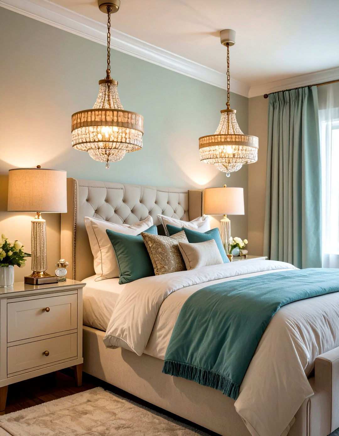 Mini Chandeliers Flank the Bedside for Boutique Ambiance - 20 Bedroom Chandelier Ideas