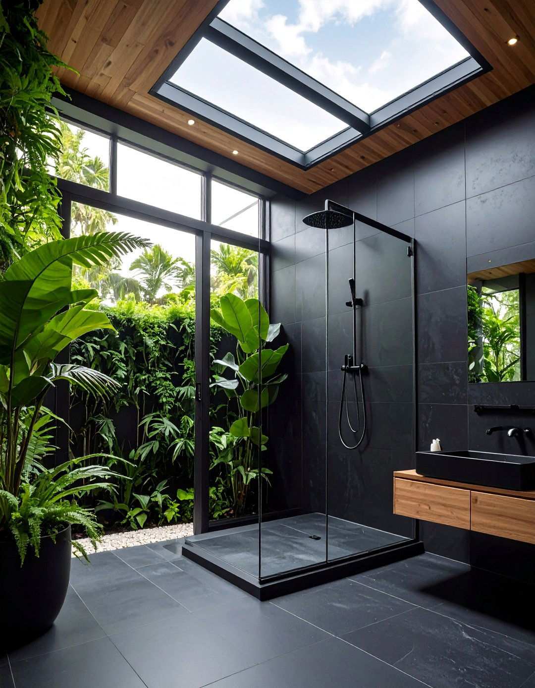 Minimal Black Shell Embracing a Living Green Wall - 20 Black and Green Bathroom Ideas