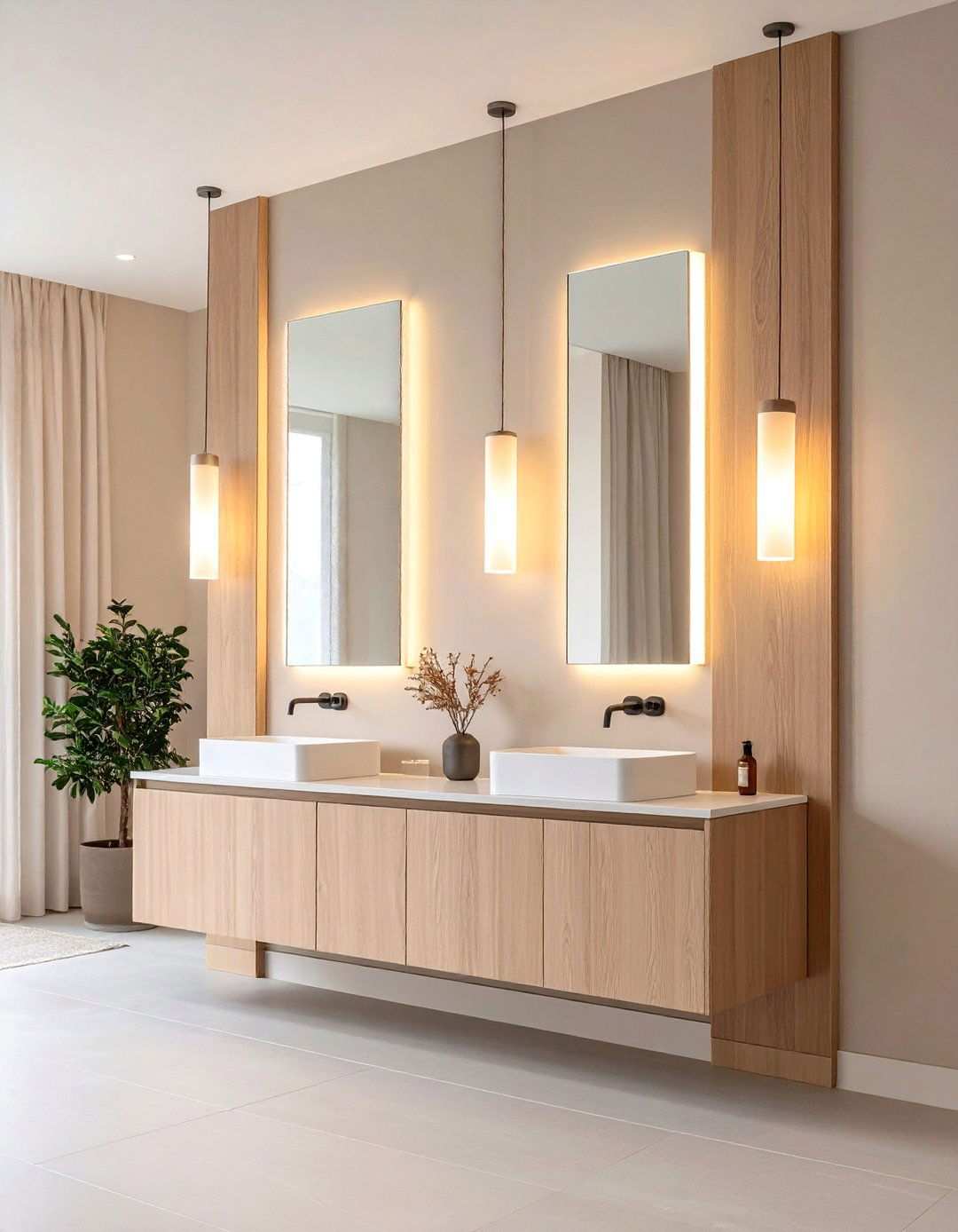 Minimalist Pendant Light Strips Along Mirror Edges - 20 Bathroom Pendant Lighting Ideas