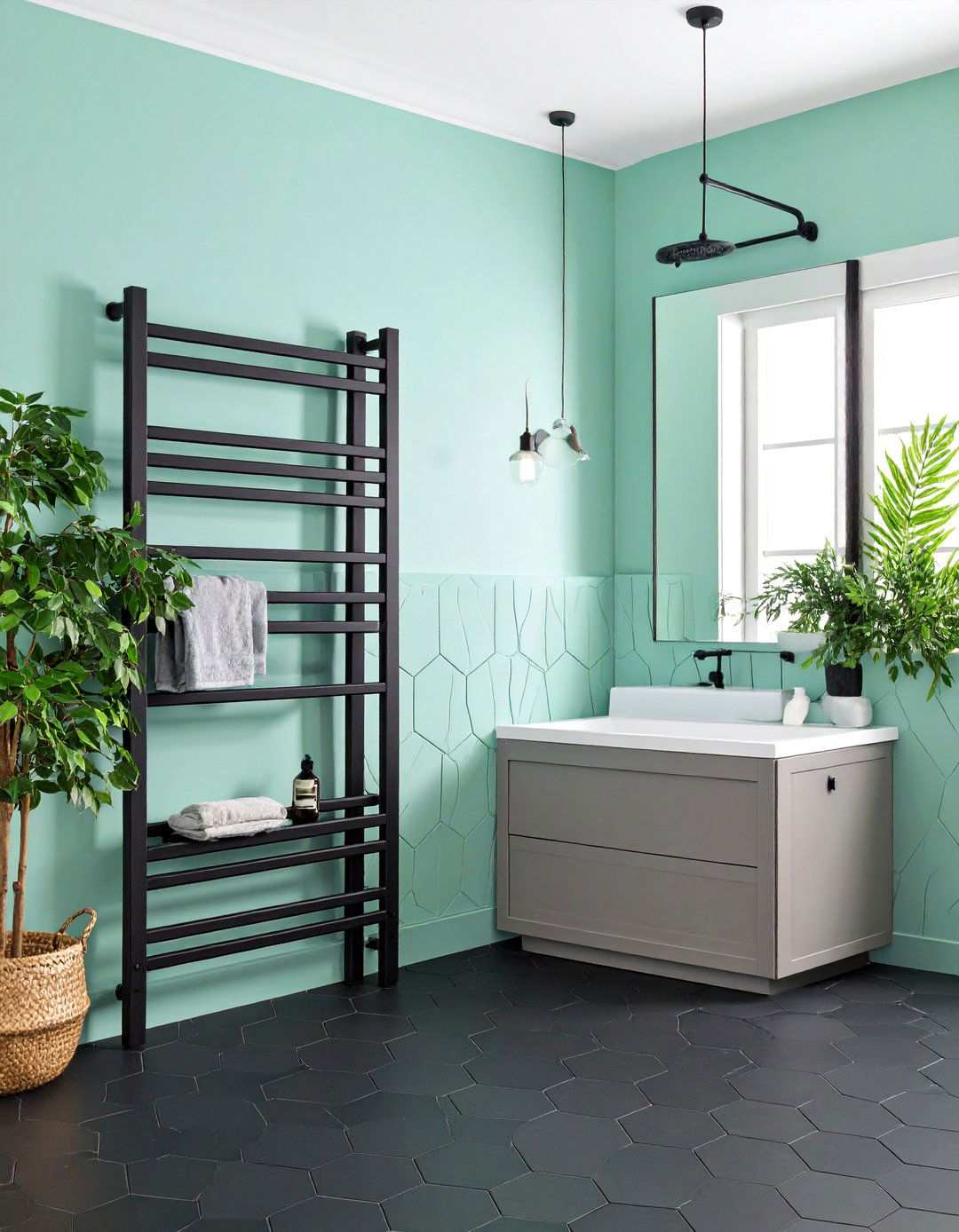 Mint Walls over Black Hex Floors - 20 Black and Green Bathroom Ideas
