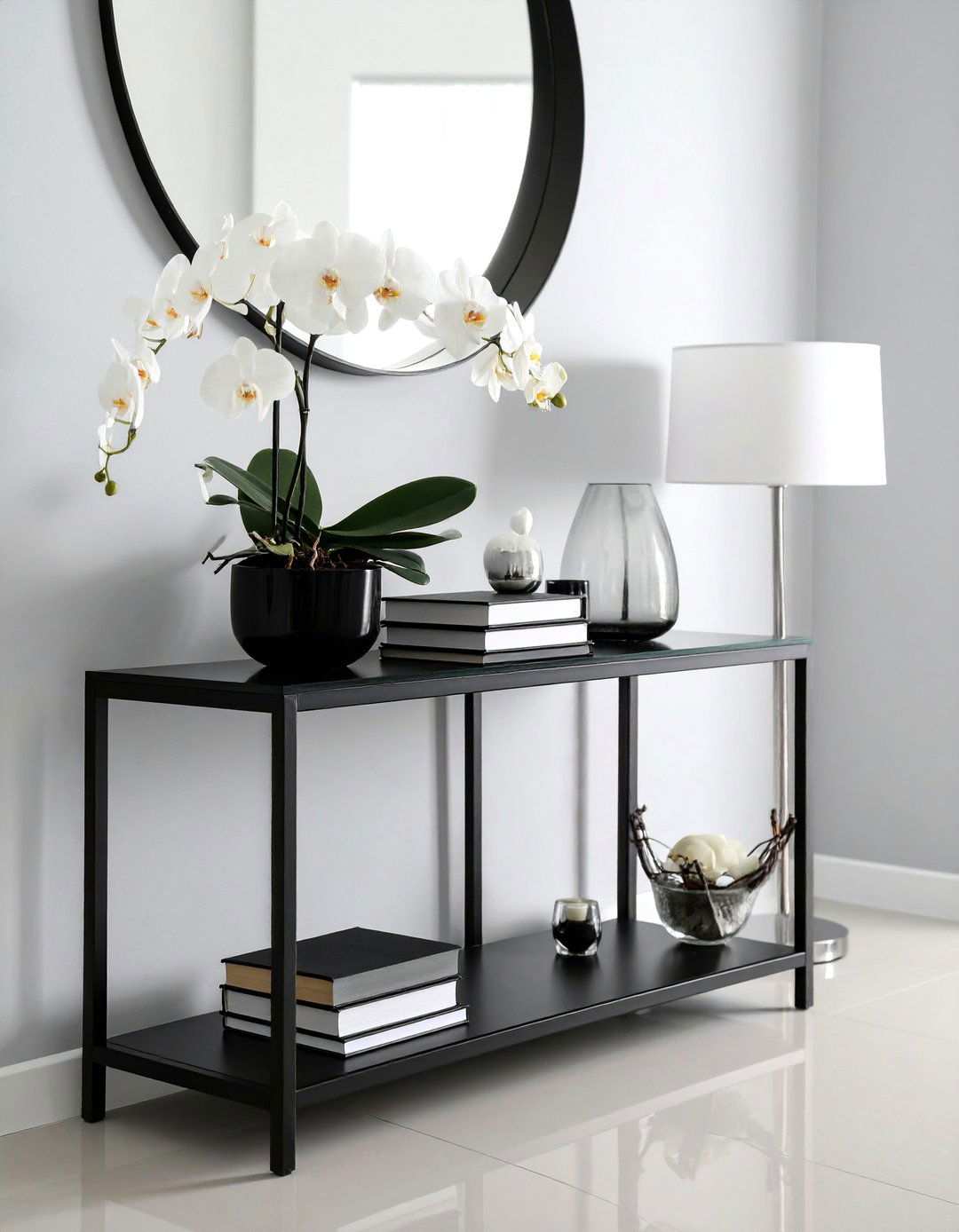 Mirrored Console Amplifies Light - 20 Black and White Entryway Design Ideas