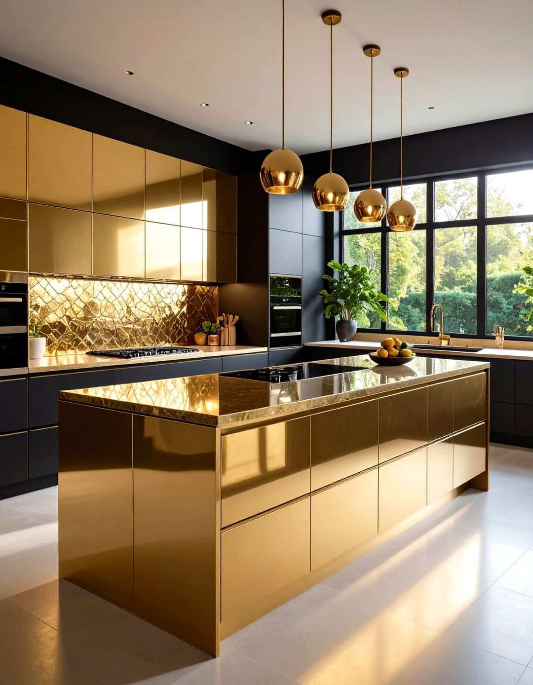Mirrored Gold Backsplash to Broaden Small Black Kitchens - 20 Black and Gold Kitchen Ideas
