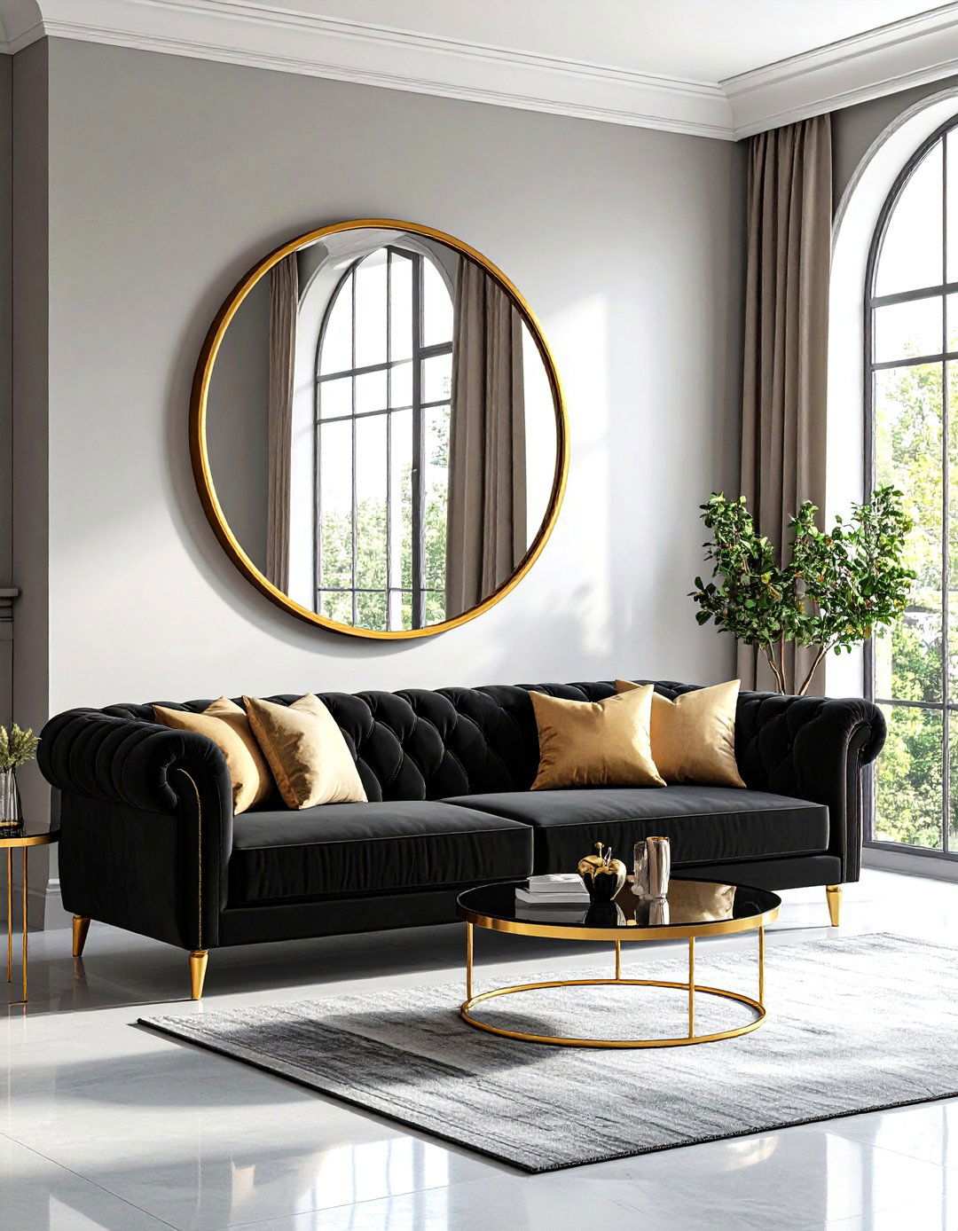 Mirrored Illusions Beside a Black Couch - 20 Black Couch Living Room Ideas
