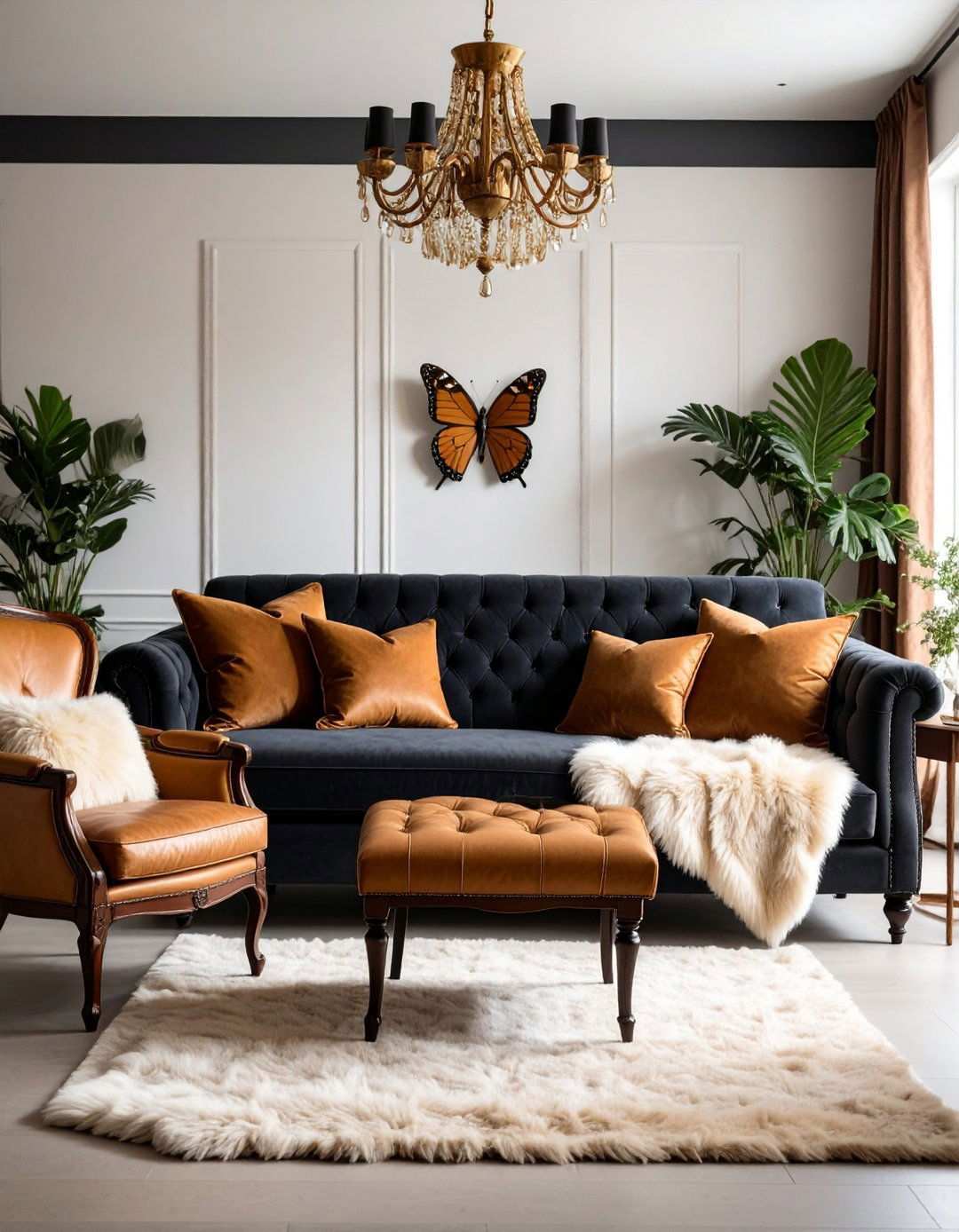 Mix Leather and Velvet on a Charcoal Sofa - 20 Black Boho Living Room Ideas
