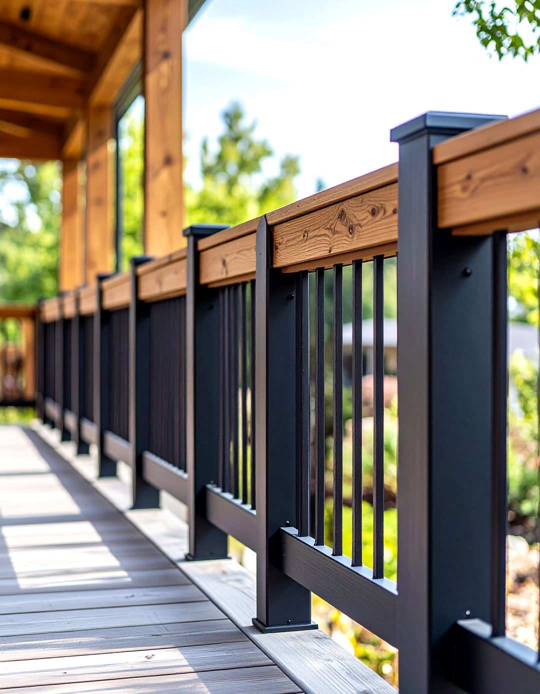 Mixed Black Metal and Wood Deck Railing - 20 black deck railing ideas