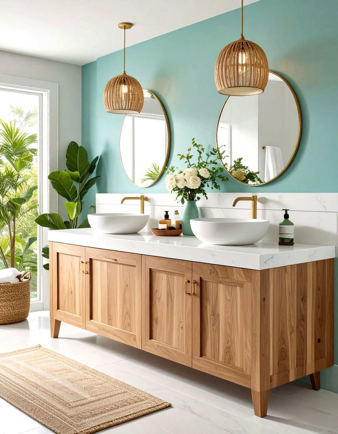 Mixed Material Bathroom Countertop Combining Quartz and Butcher Block - 20 Bathroom Countertop Ideas