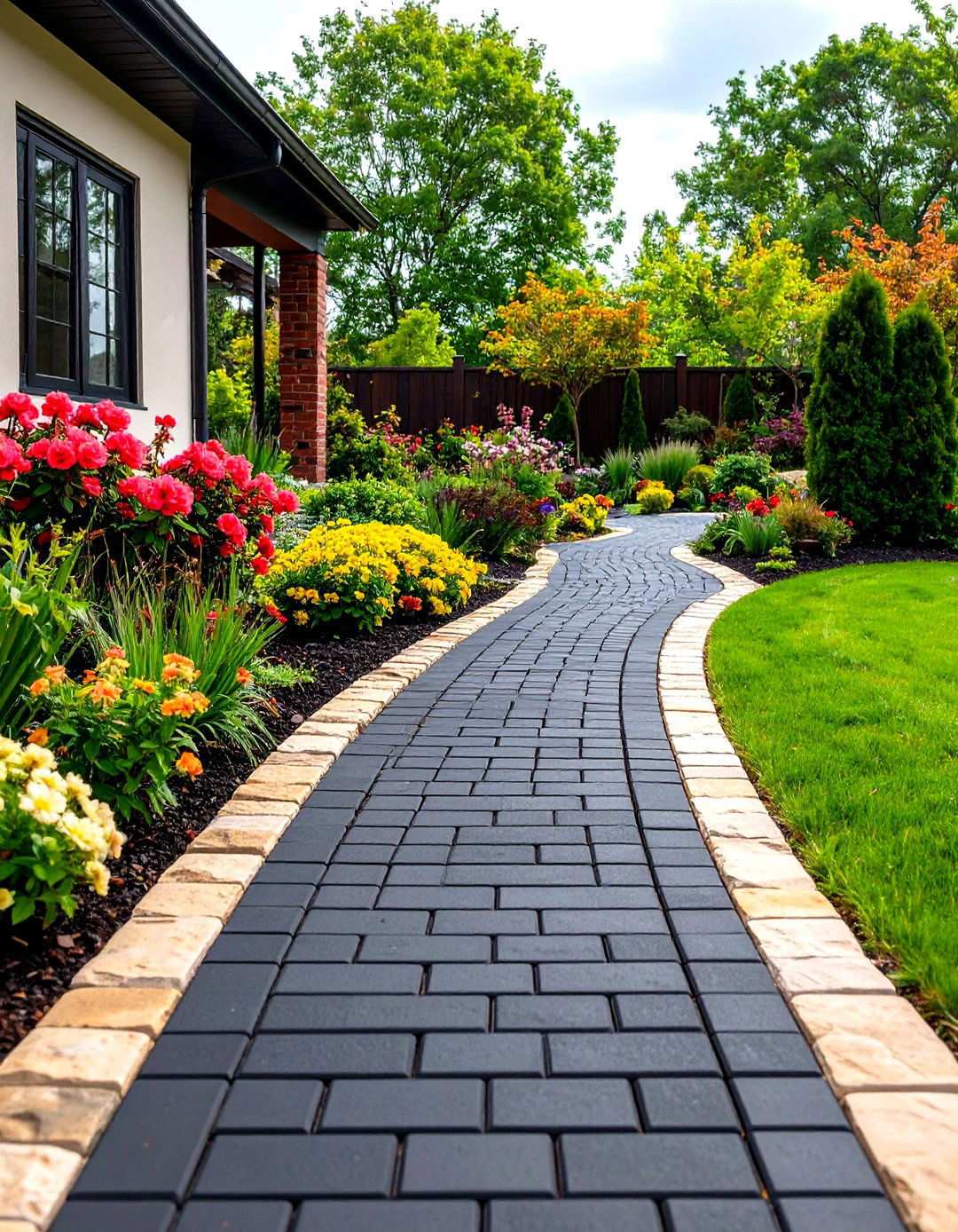 Mixed Material Black Brick Walkway with Stone Borders - 20 Black Brick Walkway Ideas
