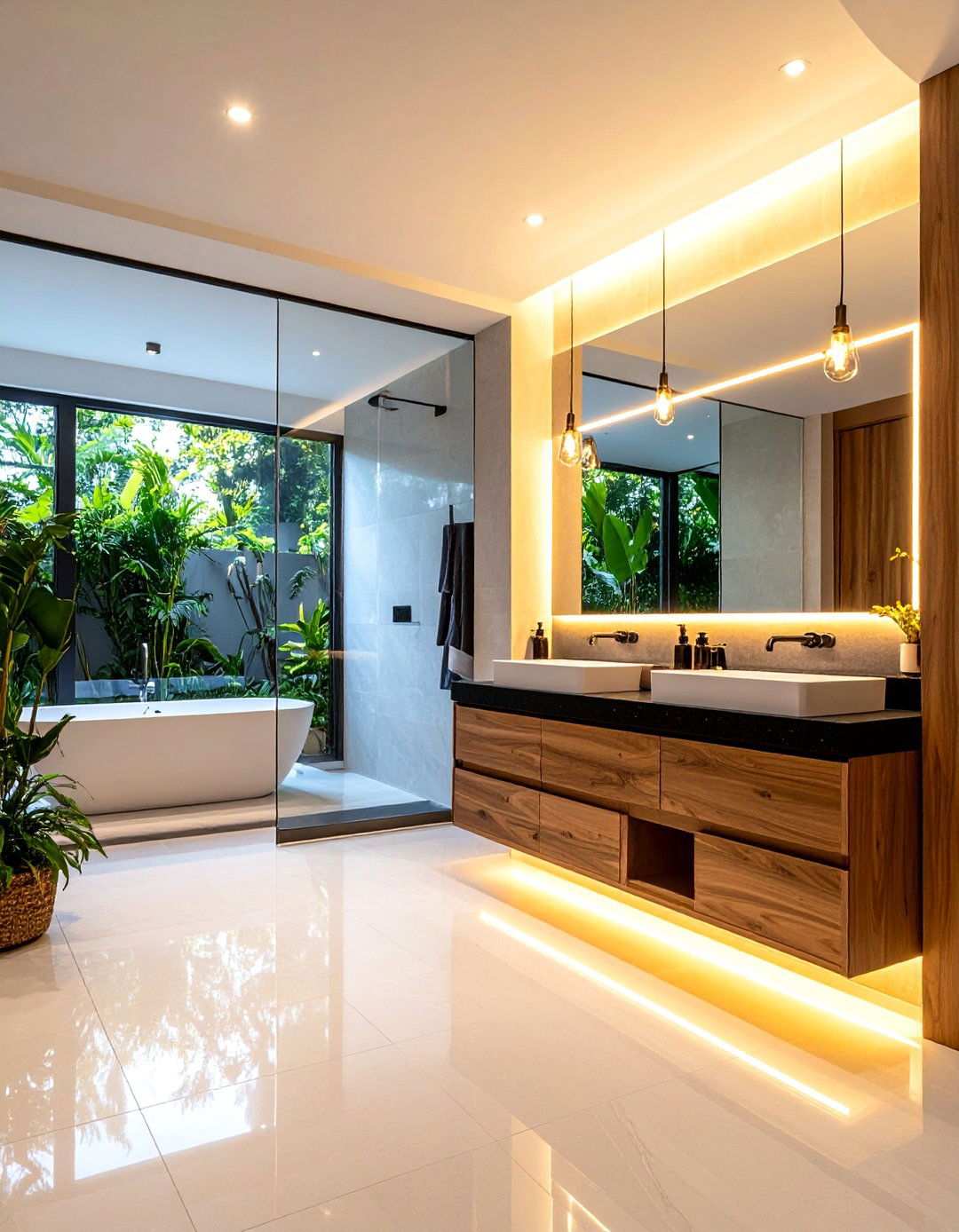 Modern Bathroom with Black Countertops and LED Strip Lighting - 20 bathroom with black countertops ideas