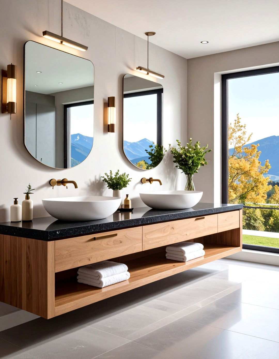 Modern Bathroom with Black Countertops and Vessel Sinks - 20 bathroom with black countertops ideas