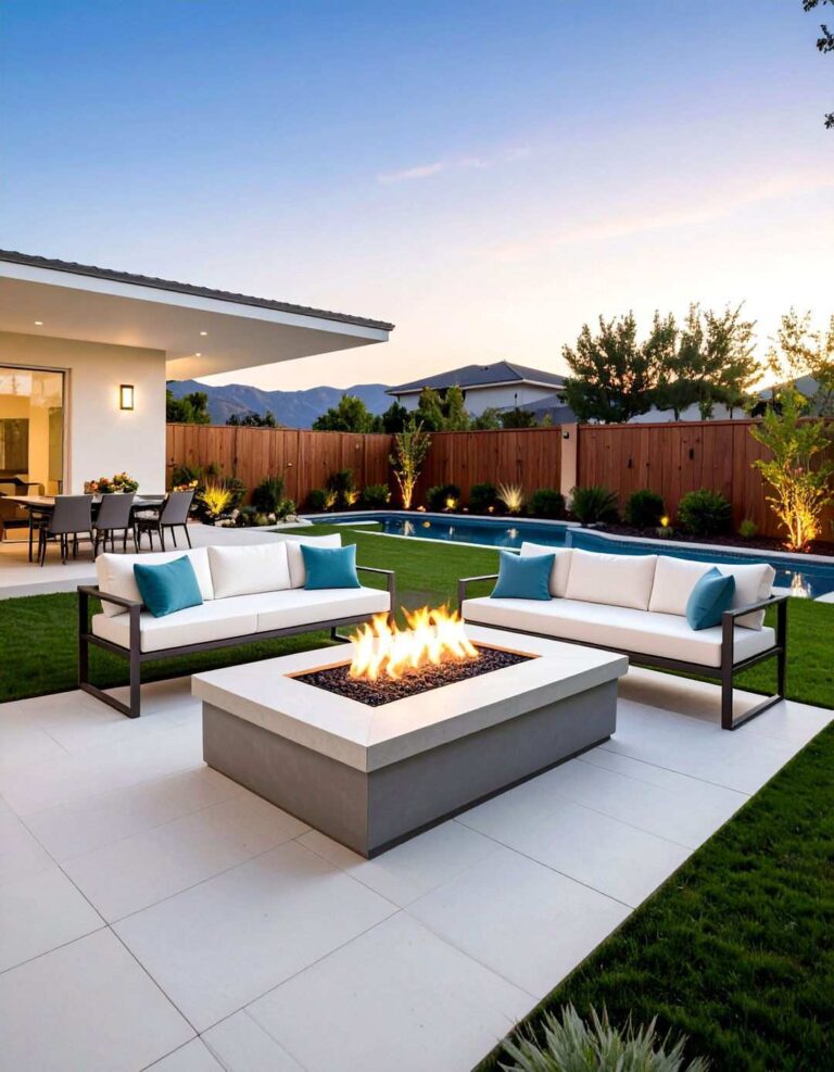 Modern Concrete Fire Pit with Geometric Landscaping - 20 Backyard Fire Pit Ideas Landscaping