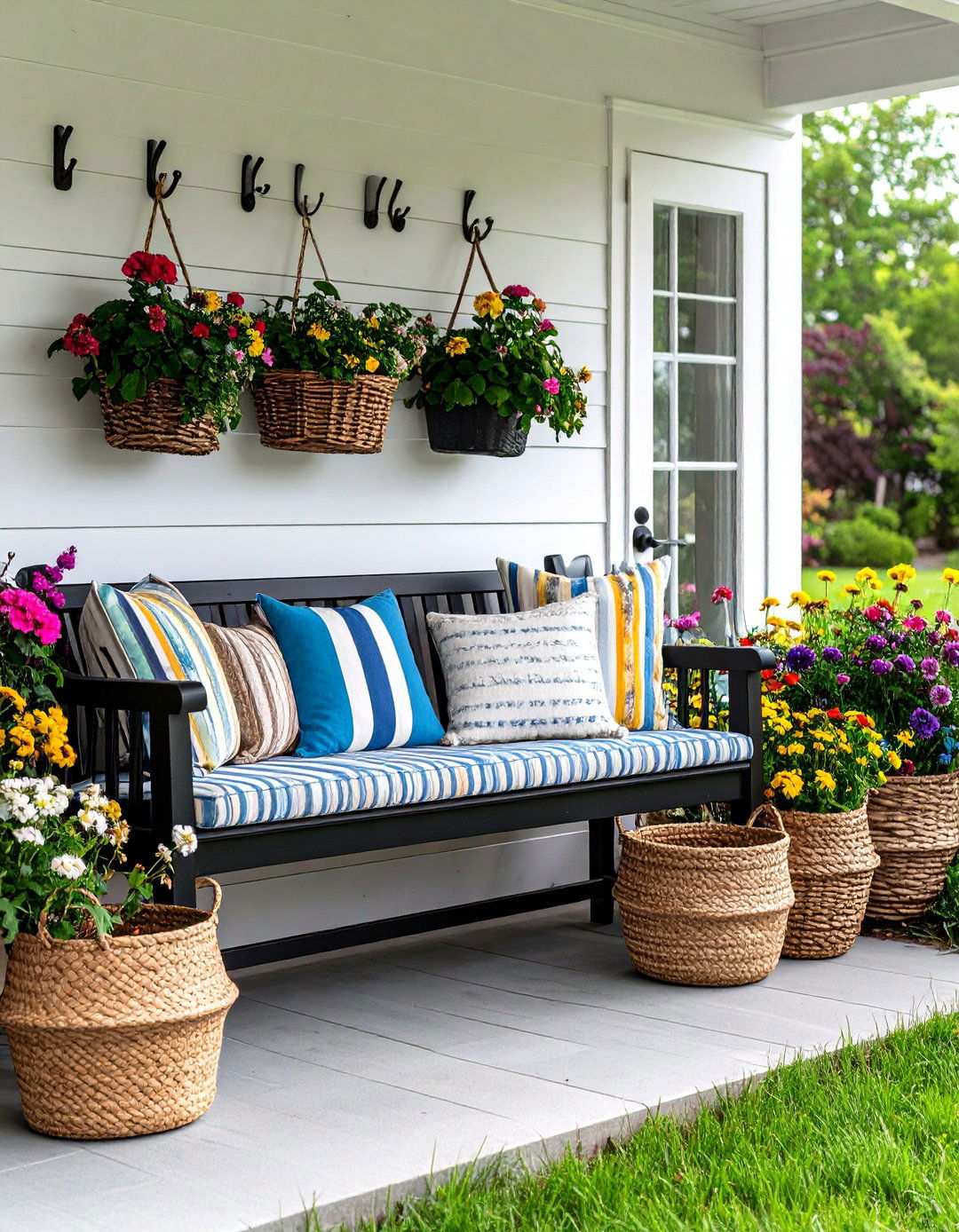 Modern Farmhouse Bench and Hooks - 20 Black and White Entryway Design Ideas