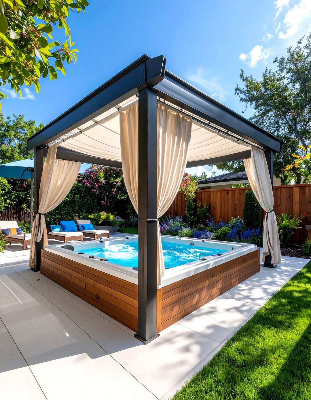 Modern Pergola with Retractable Hot Tub Curtains - 20 Backyard Hot Tub Privacy Ideas