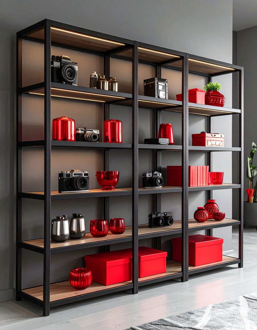 Modular Black Shelving Showcasing Red Decor - 20 Black and Red Living Room Ideas