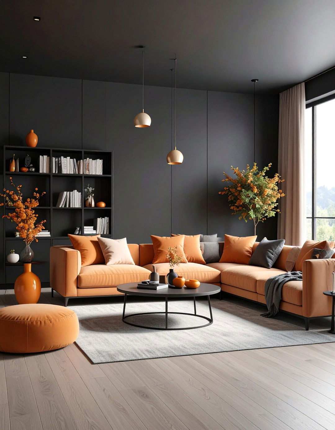 Monochrome Base with Citrus Scatter - 20 Black and Orange Living Room Ideas