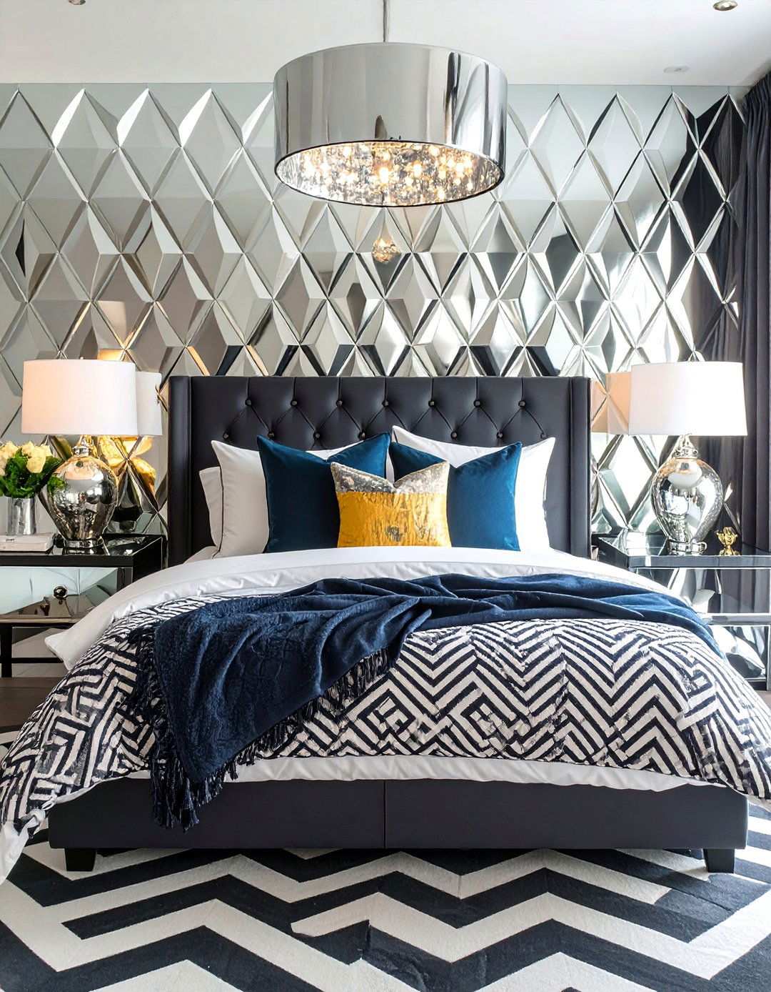 Monochrome Patterns and Metallic Geometrics in a Black Bedroom - 20 Black and Silver Bedroom Ideas