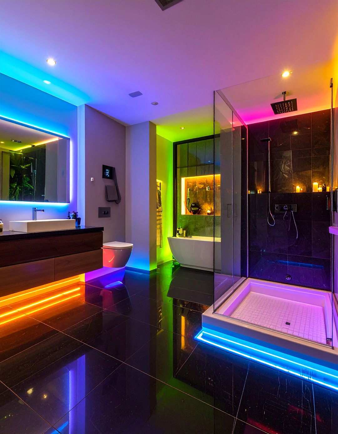 Mood Changing LED Lighting on Dark Reflective Floors - 20 Black Floor Bathroom Ideas