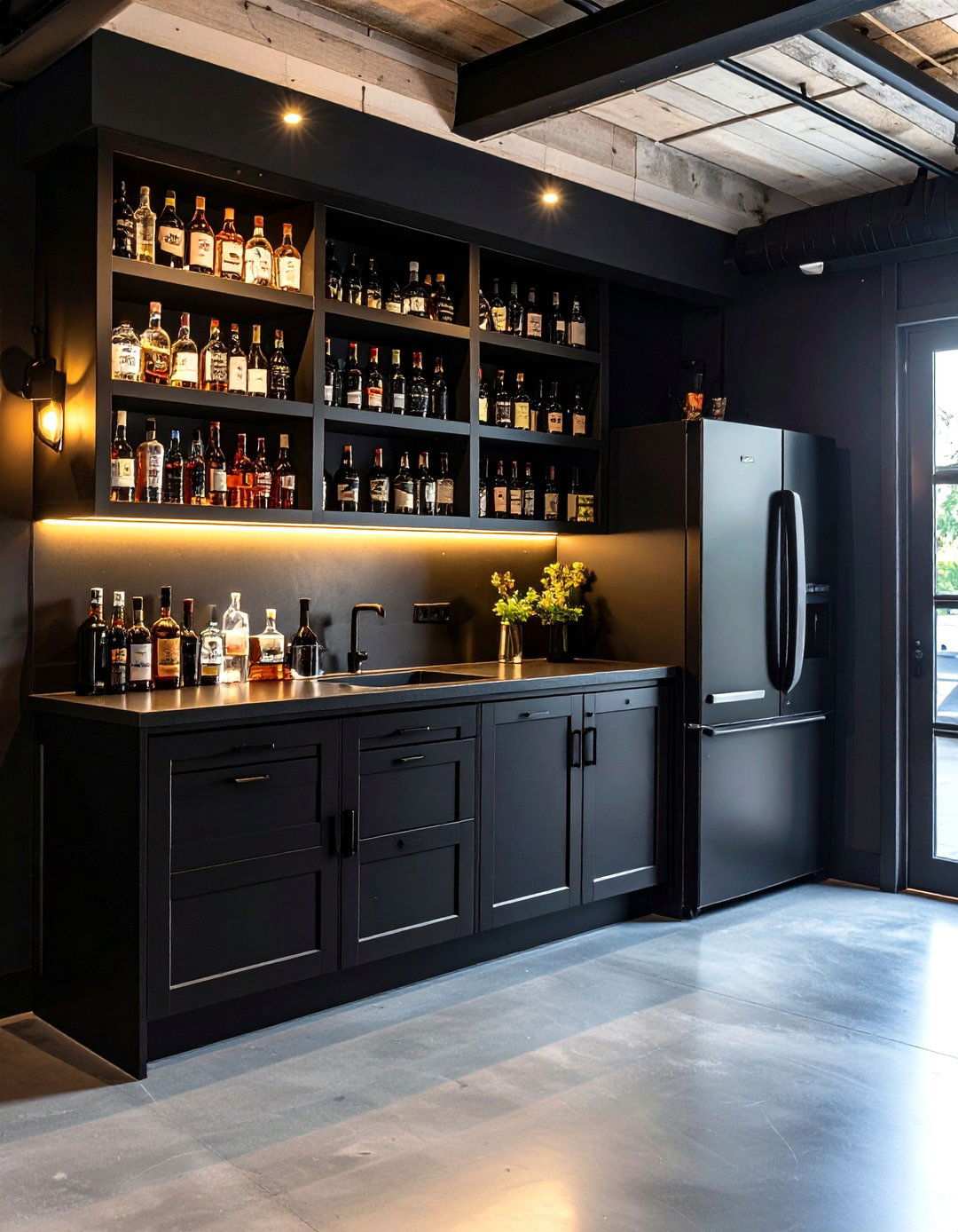 Moody Black Garage Bar Nook - 20 Black Garage Ideas