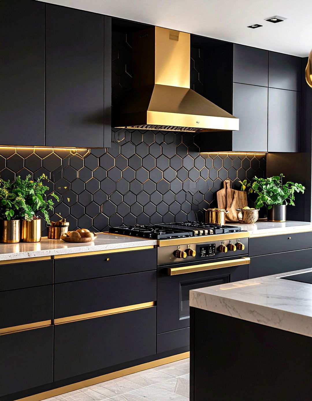 Mosaic Backsplash Mixing Black Stone and Gold Metal - 20 Black and Gold Kitchen Ideas
