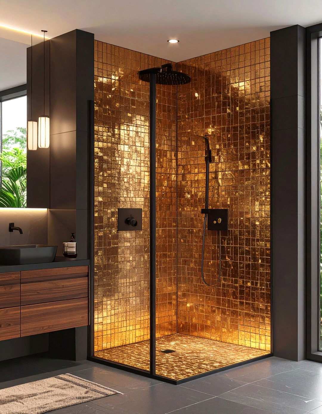 Mosaic Niche in an Ebony Shower - 20 Black and Gold Bathroom Ideas