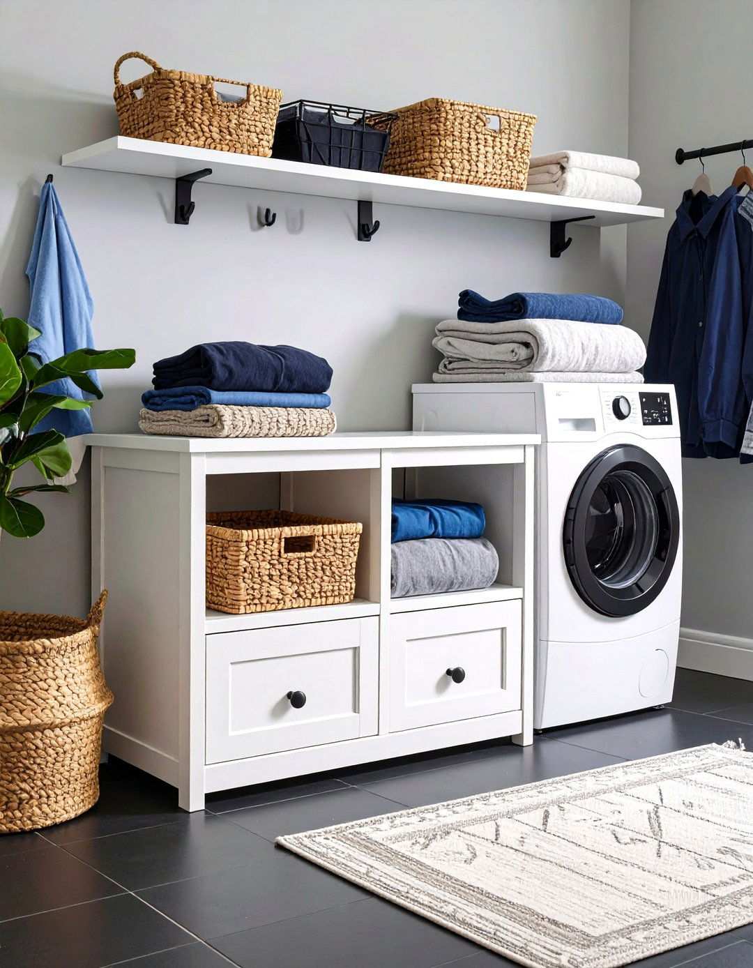 Mudroom Bench Meets Laundry Zone - 20 Black and White Laundry Room Ideas