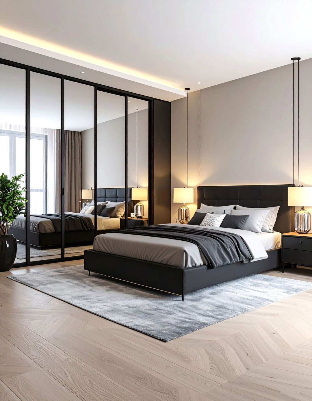 Multiply Light with Mirrors and Glass - 20 Black and White Bedroom Ideas