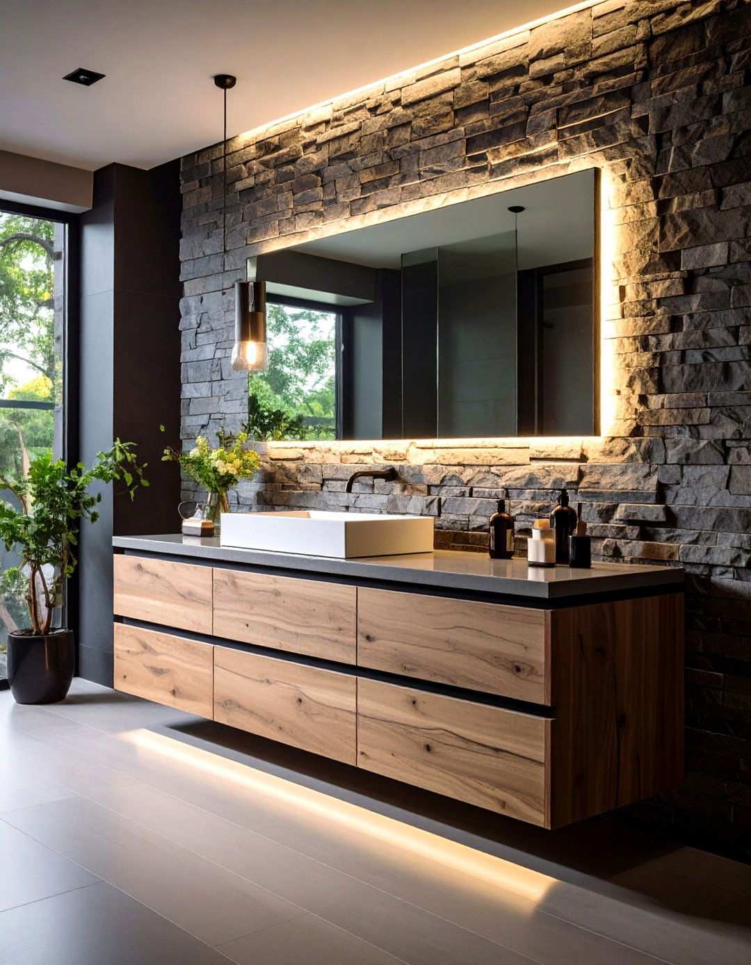 Natural Stone Accent Walls in Basement Bathrooms - 20 Basement Bathroom Ideas