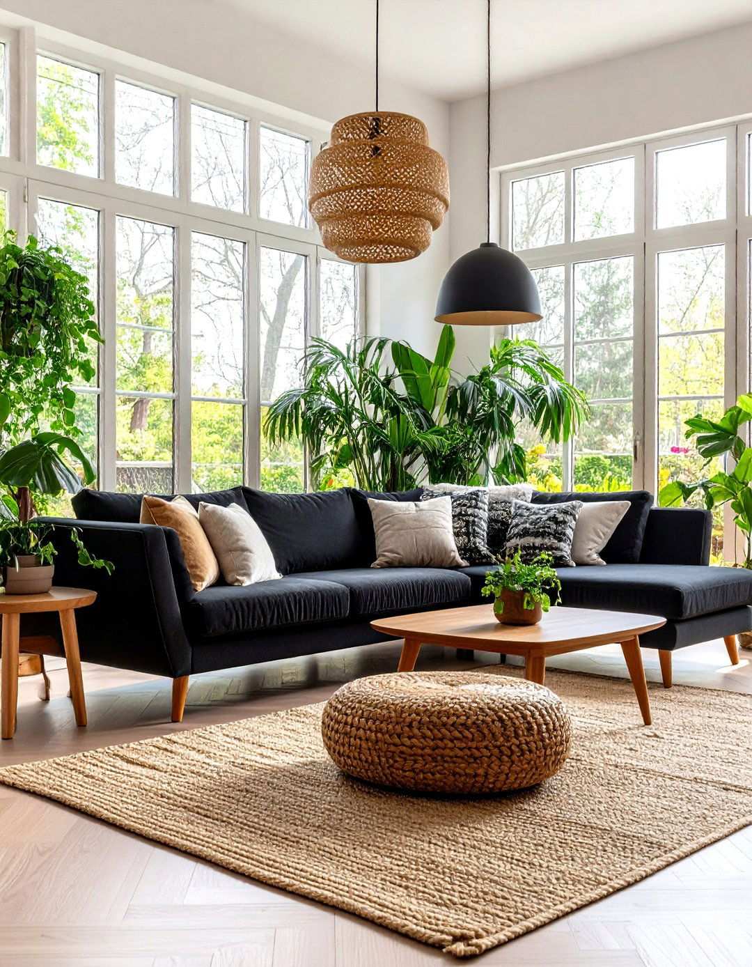 Natural Textures to Soften a Black Couch - 20 Black Couch Living Room Ideas