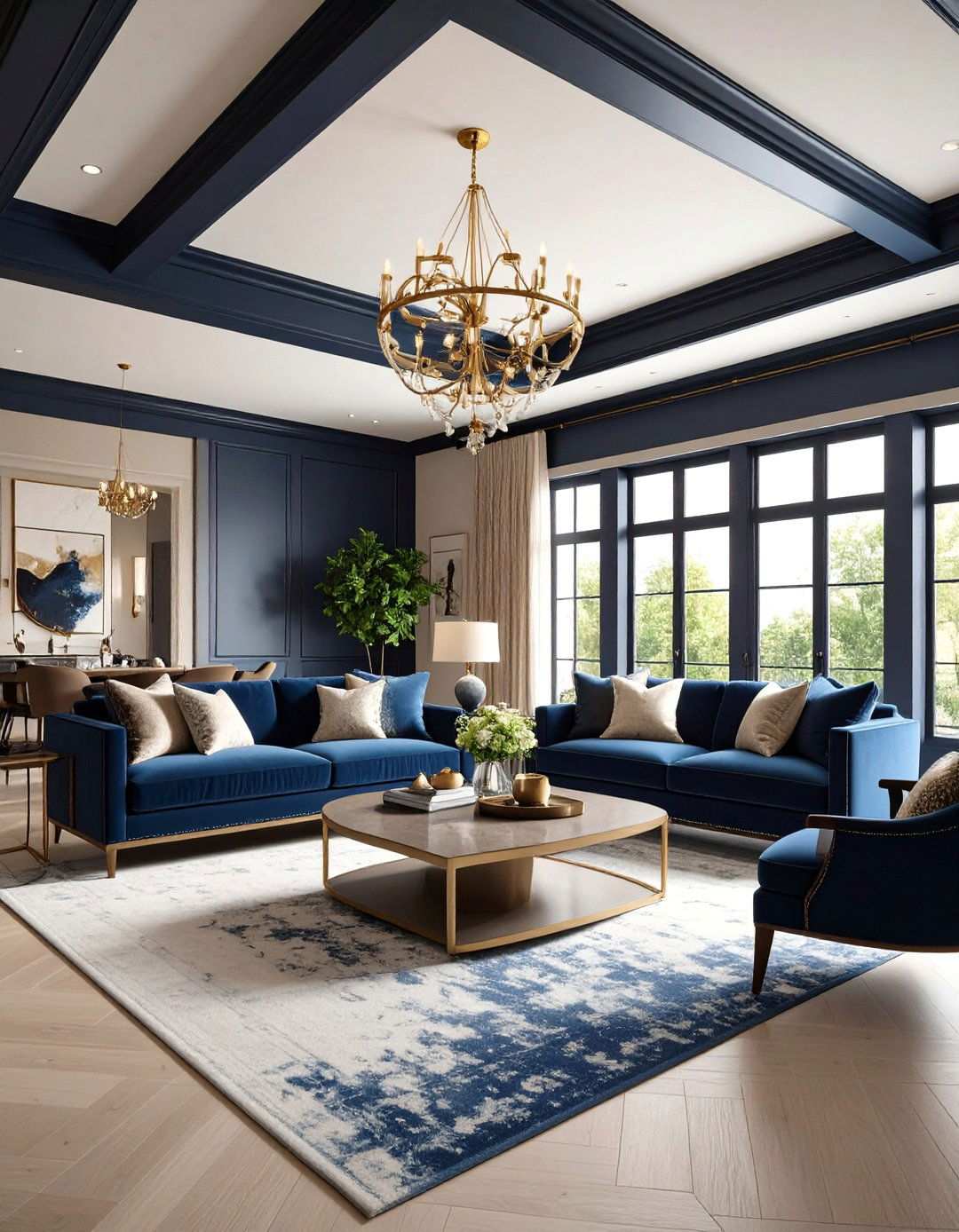 Navy Ceiling Ink Black Trim - 20 Black and Blue Living Room Ideas