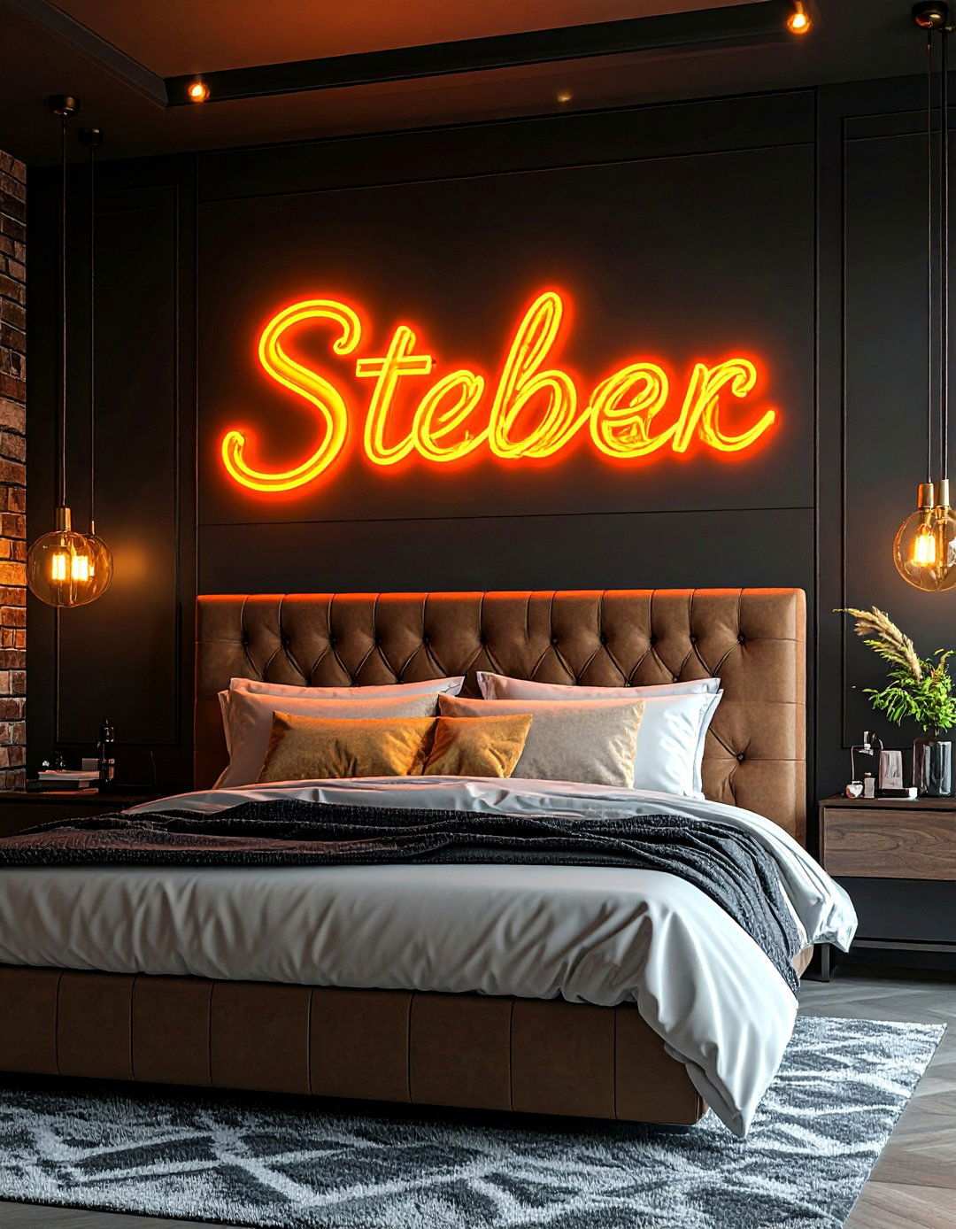 Neon Lit Personal Motto - 20 Black Accent Wall Bedroom Ideas