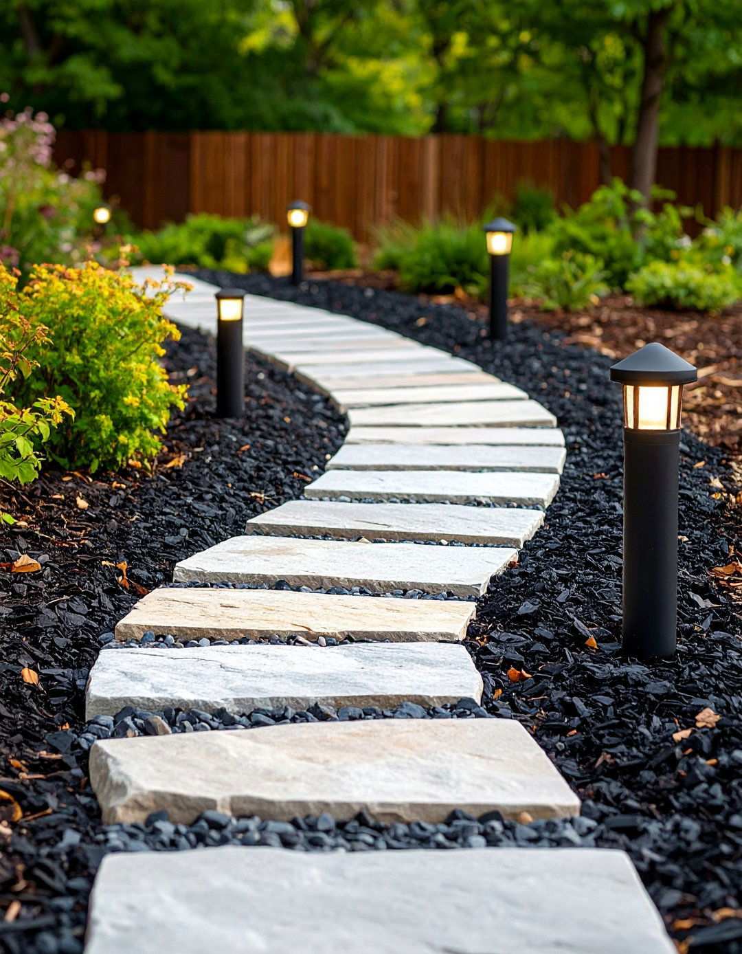 Night Lit Walkway Accented by Black Mulch - 20 Black Mulch Landscaping Ideas