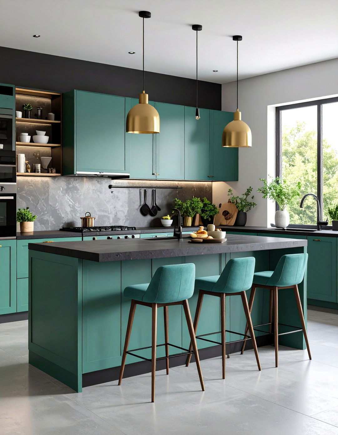 Noir Concrete Counter Kitchen with Herb Green Banquette - 20 Black and Green Kitchen Ideas