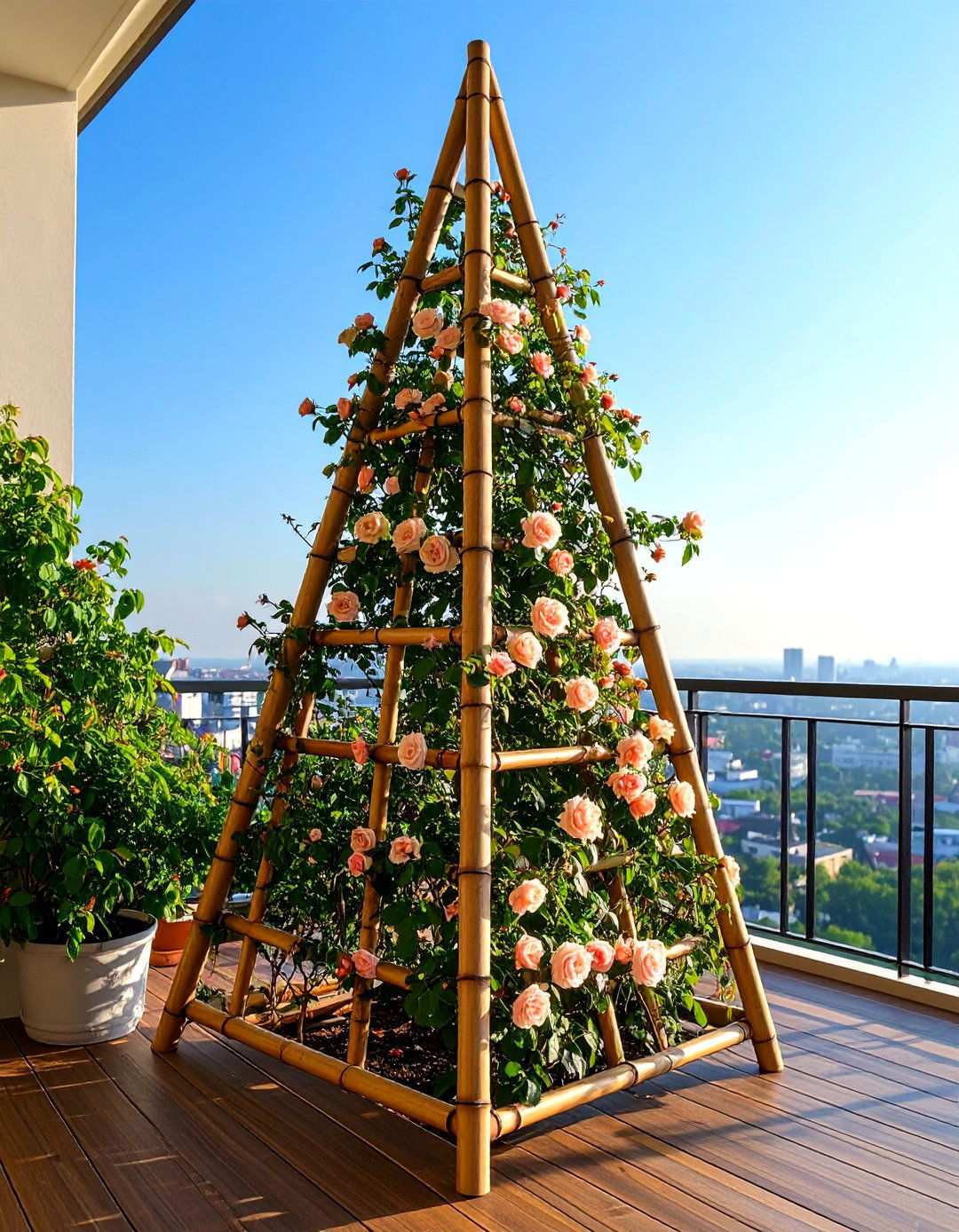 Obelisk Balcony Trellis for Dramatic Vertical Interest - 20 Balcony Trellis Ideas