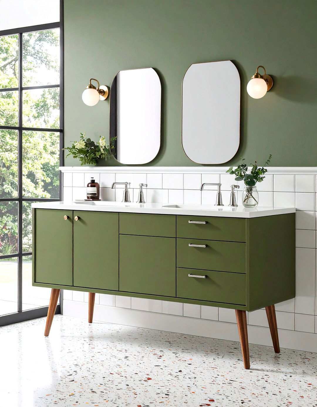 Olive Green Vanity and Mid Century Warmth - 20 Bathroom With Green Vanity