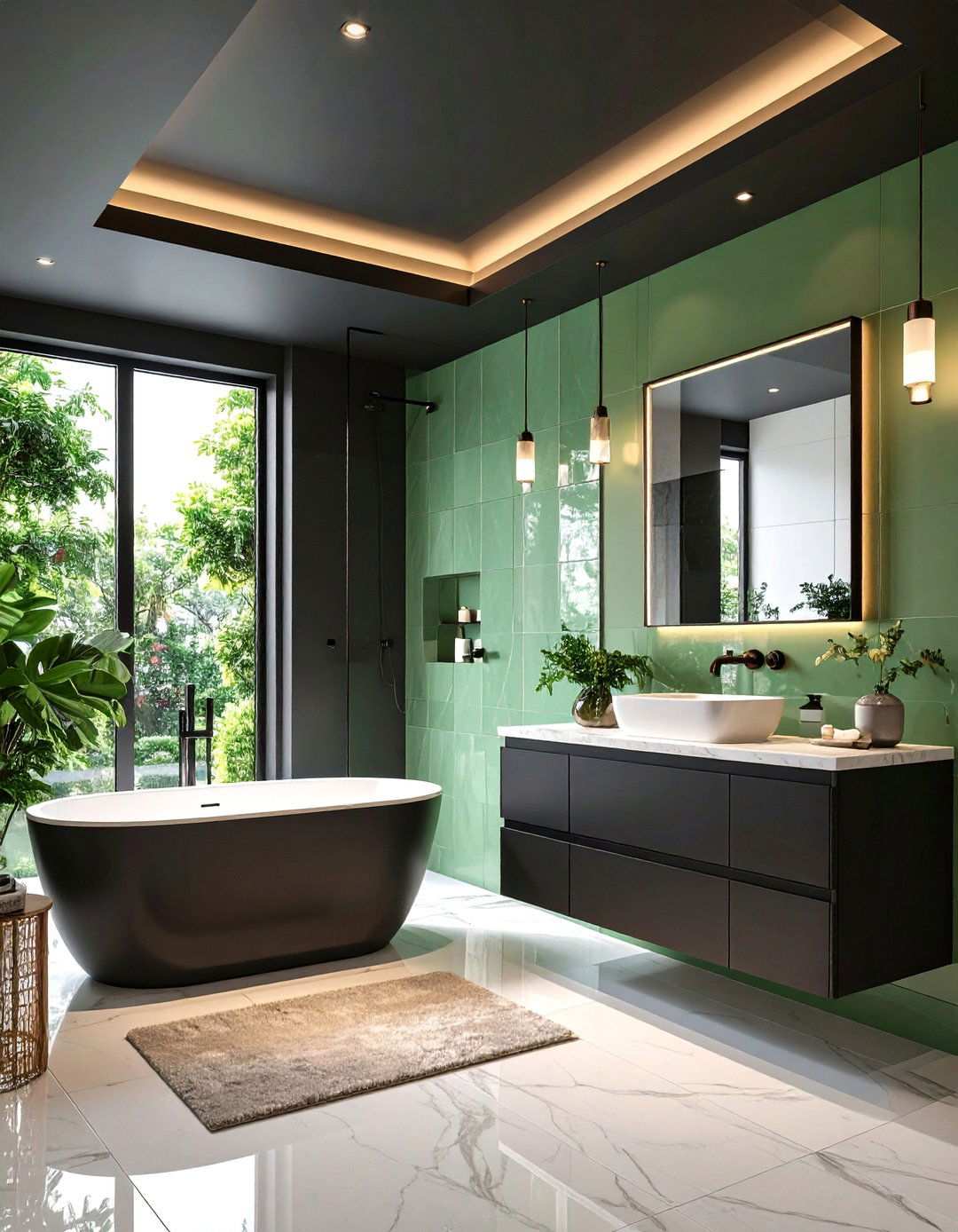 Ombre Tile Rise to Ink Dark Ceiling - 20 Black and Green Bathroom Ideas