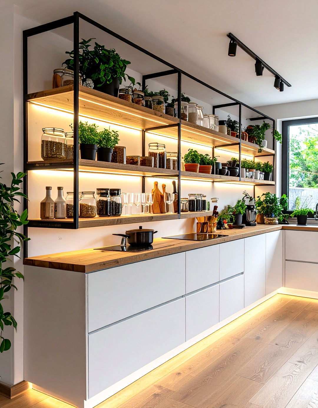 Open Shelving with Contrasting Brackets - 20 Black and White Kitchen Ideas