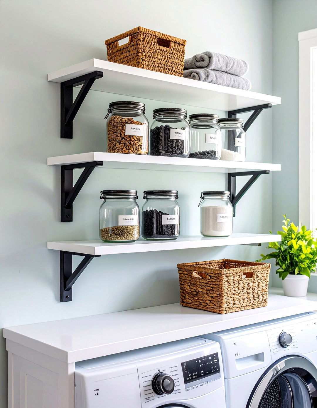 Open Shelving with Graphic Brackets - 20 Black and White Laundry Room Ideas