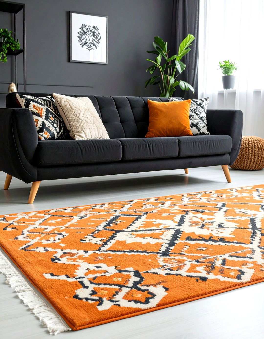 Orange Rug Anchoring - 20 Black and Orange Living Room Ideas