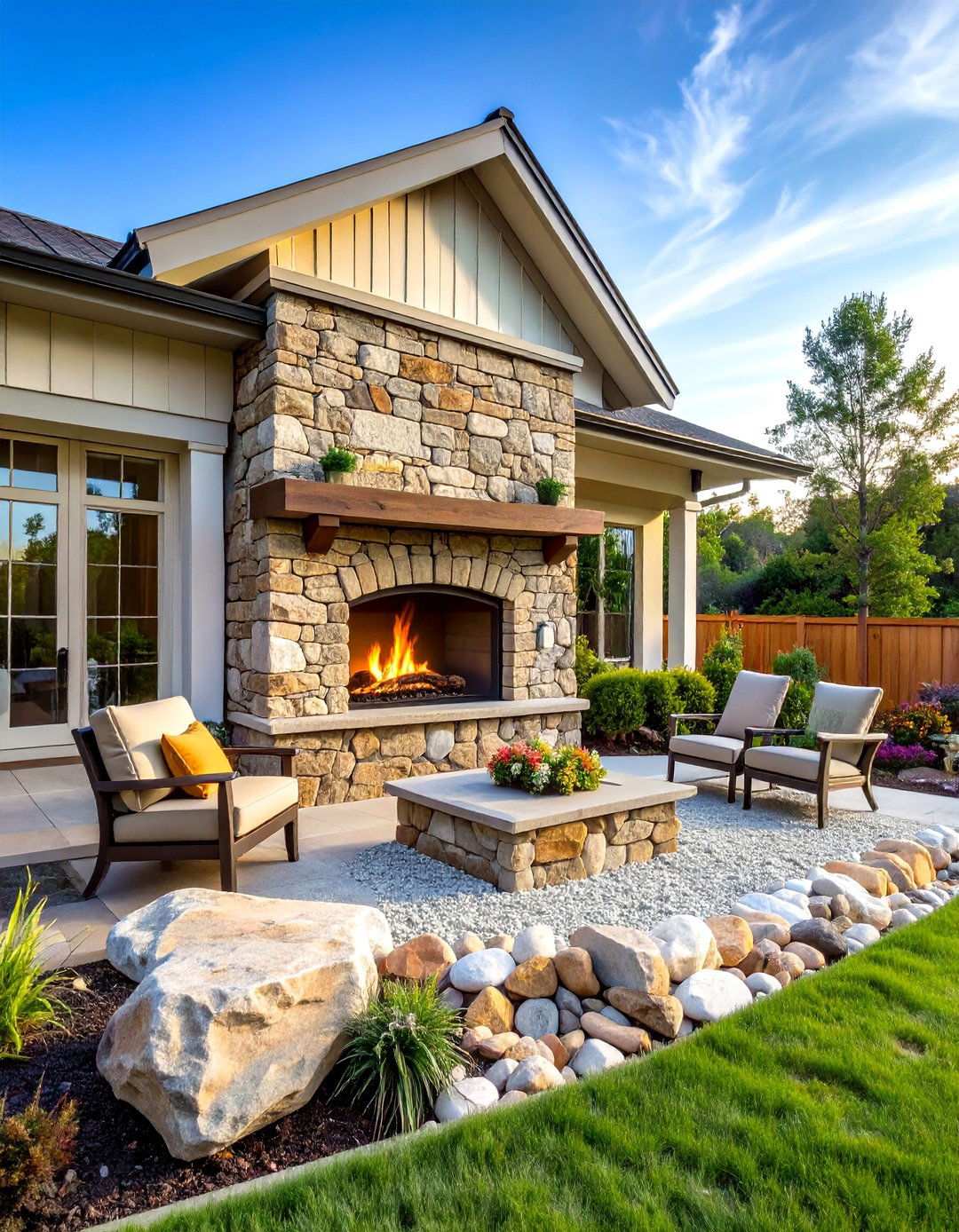 Outdoor River Rock Fireplace with Natural Stone Hearth - 20 River Rock Fireplace Ideas
