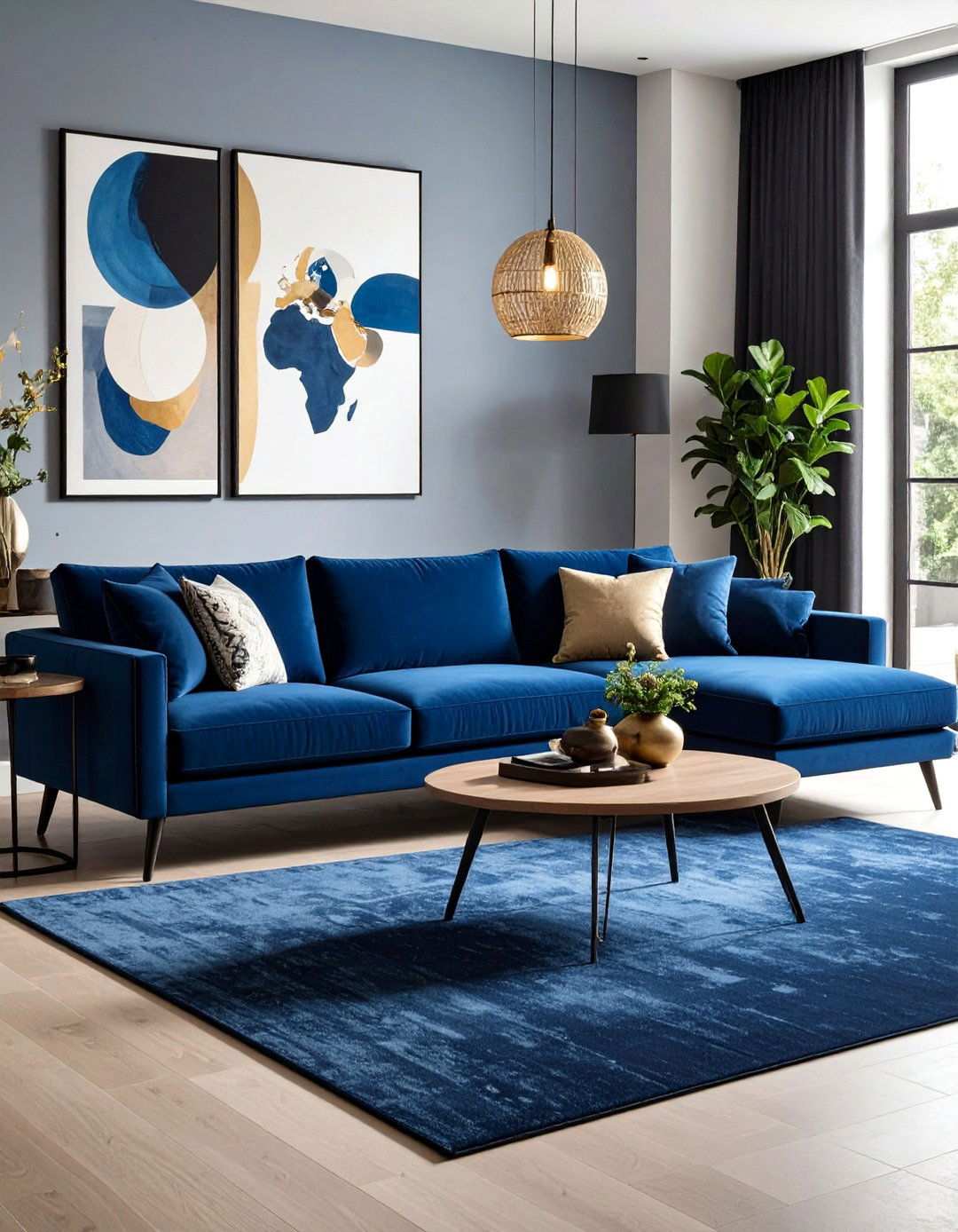 Oversized Blue Sectional on Black Rug - 20 Black and Blue Living Room Ideas