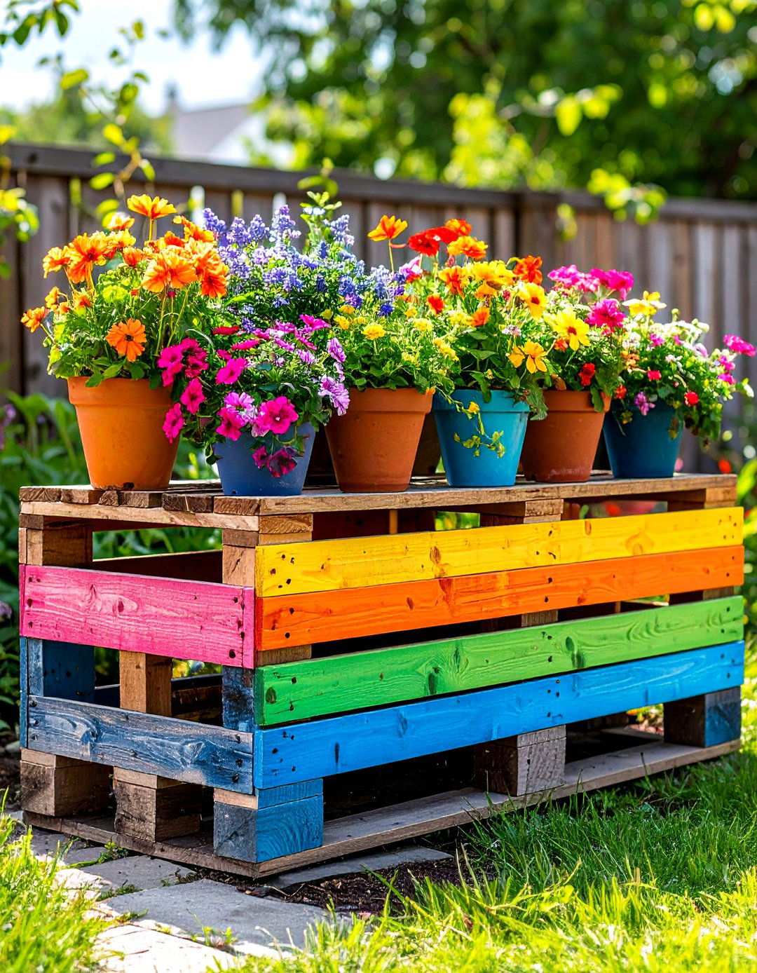 Pallet Rainbow Planter Stand - 20 Pallet Garden Ideas