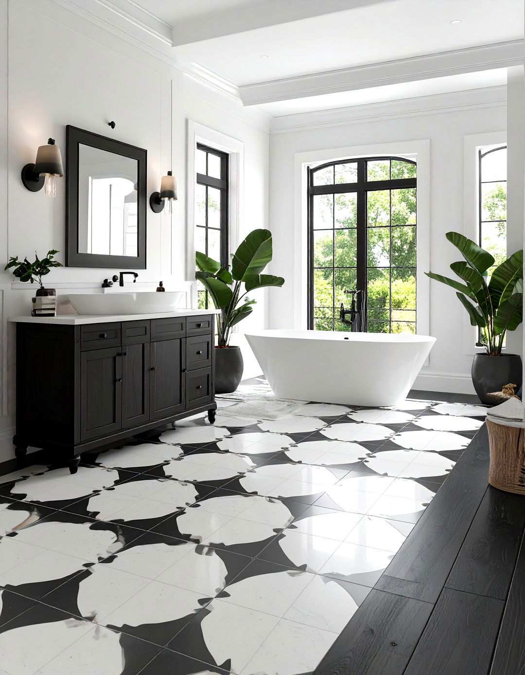 Patterned Cement Tile Black Floor Bathroom Delivers Artisanal Flair - 20 Black Floor Bathroom With White Walls Ideas