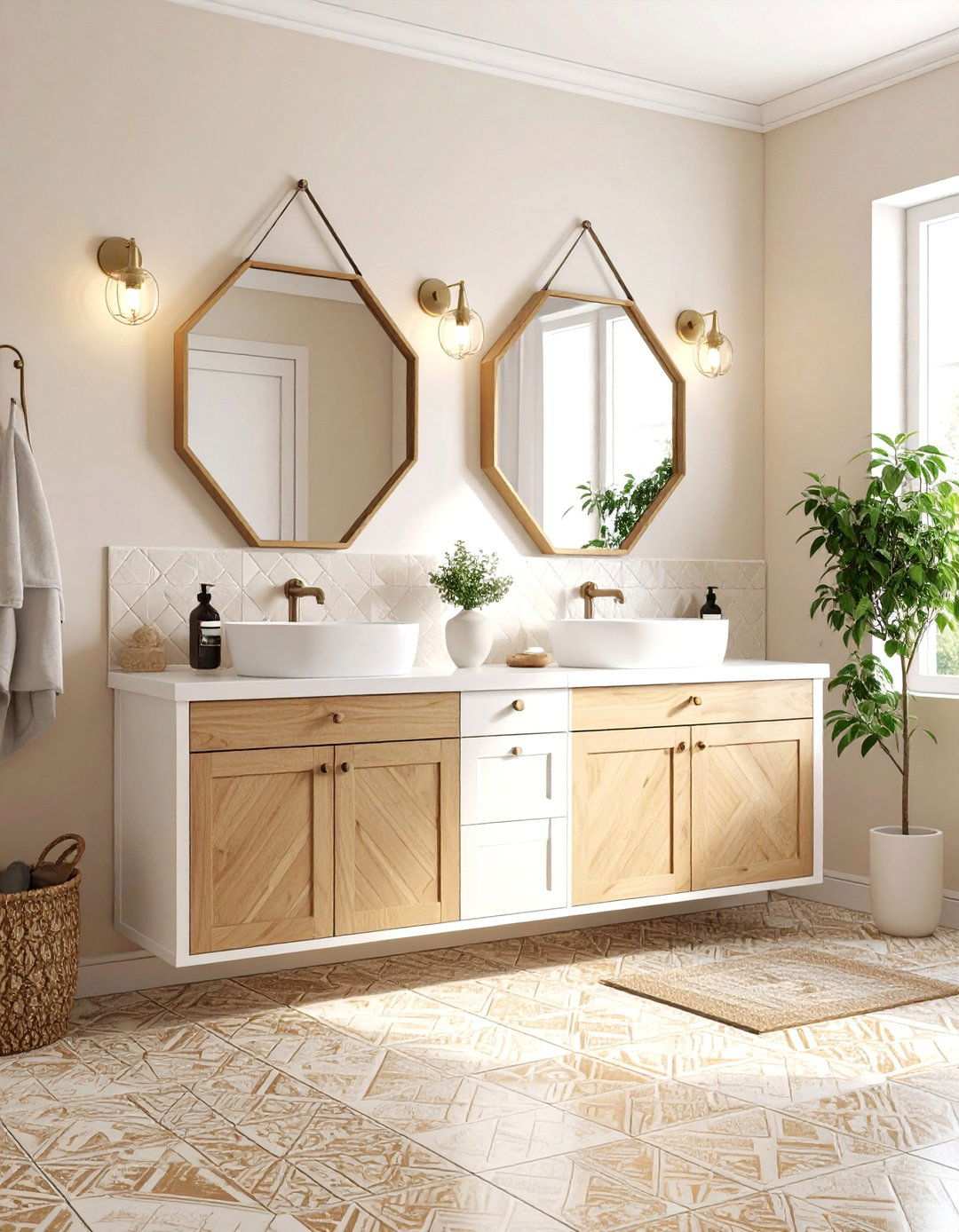 Patterned Encaustic Floor Bathroom - 20 Beige and White Bathroom Ideas