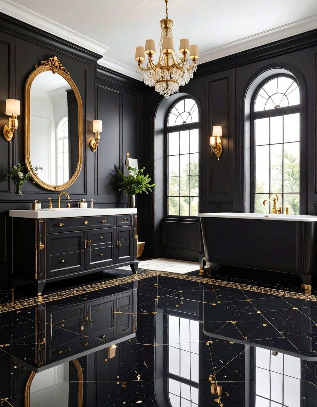 Patterned Encaustic Floor for Small Baths - 20 Black and Gold Bathroom Ideas