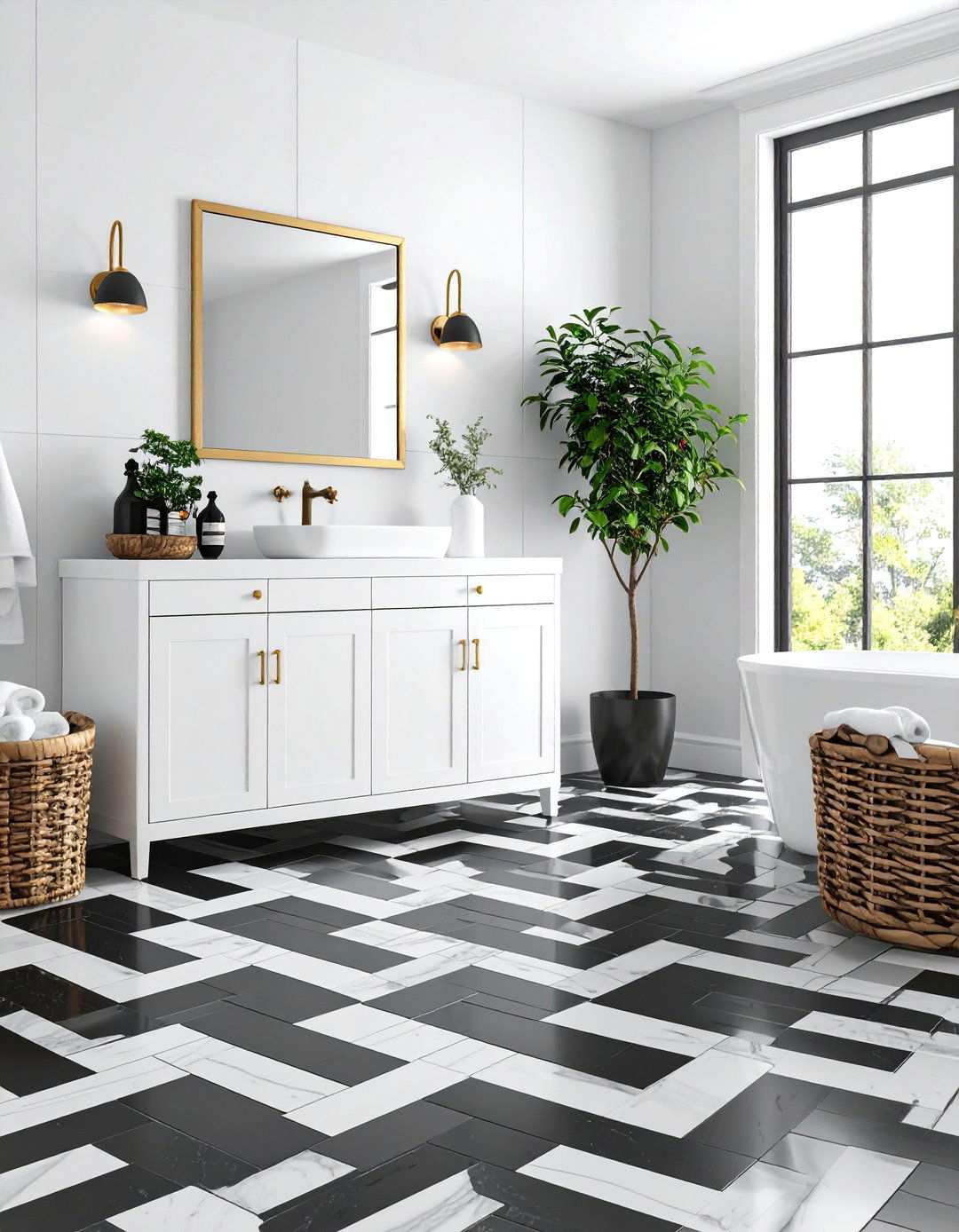 Patterned Mosaic Floor Adds Playful Energy - 20 Black and White Bathroom Ideas