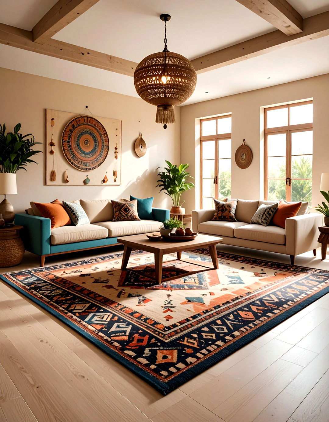 Patterned Rug Adds Personality to a Beige Living Room - 20 Beige Living Room Ideas