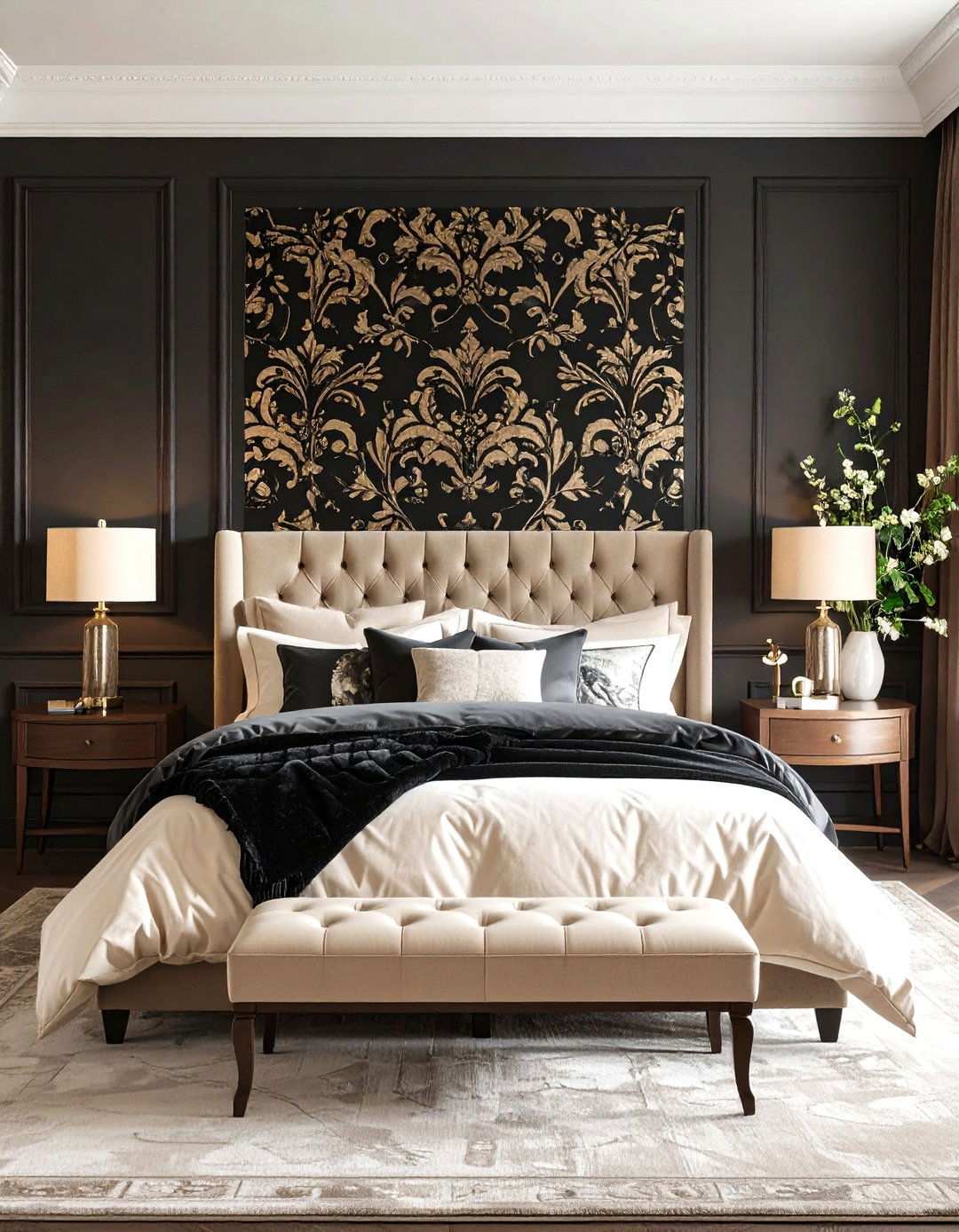 Patterned Wallpaper Elegance - 20 Black Accent Wall Bedroom Ideas