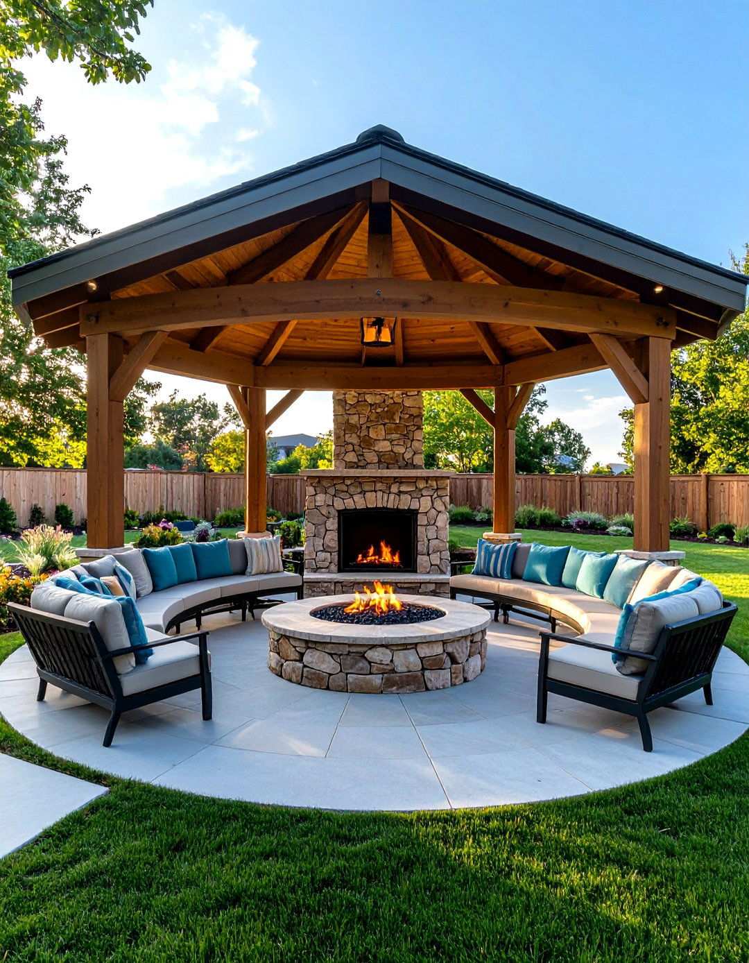 Pavilion with Wraparound Seating and Central Fireplace - 20 Backyard Pavilion With Fireplace
