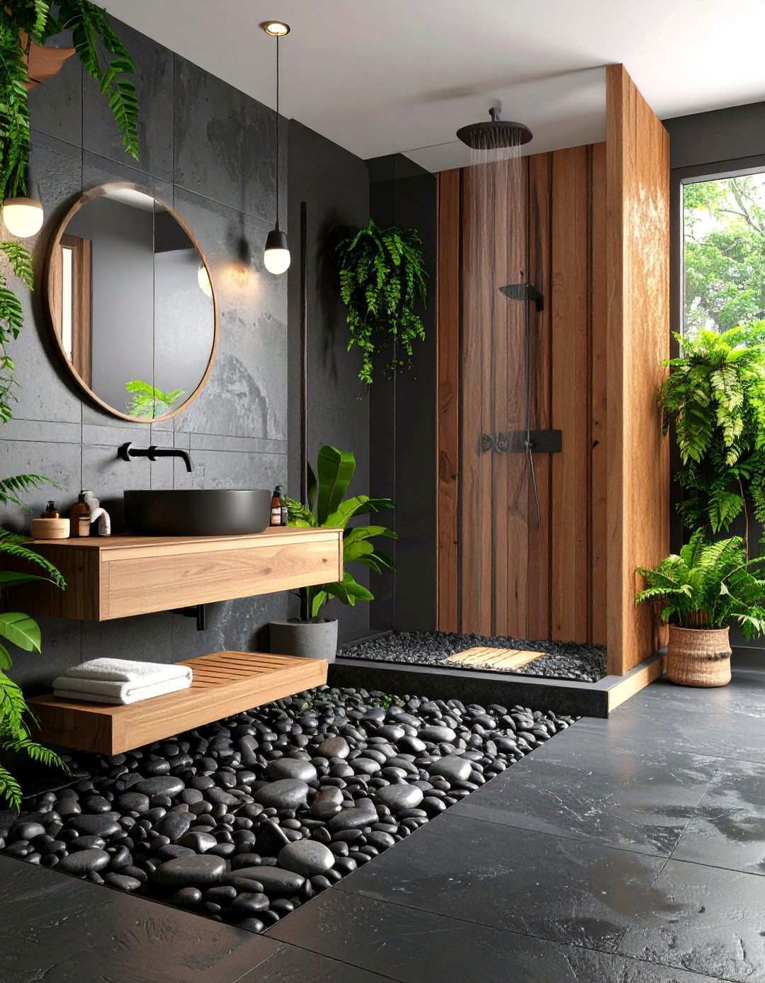 Pebble Stone Wet Room for a Nature Spa - 20 Black Floor Bathroom Ideas