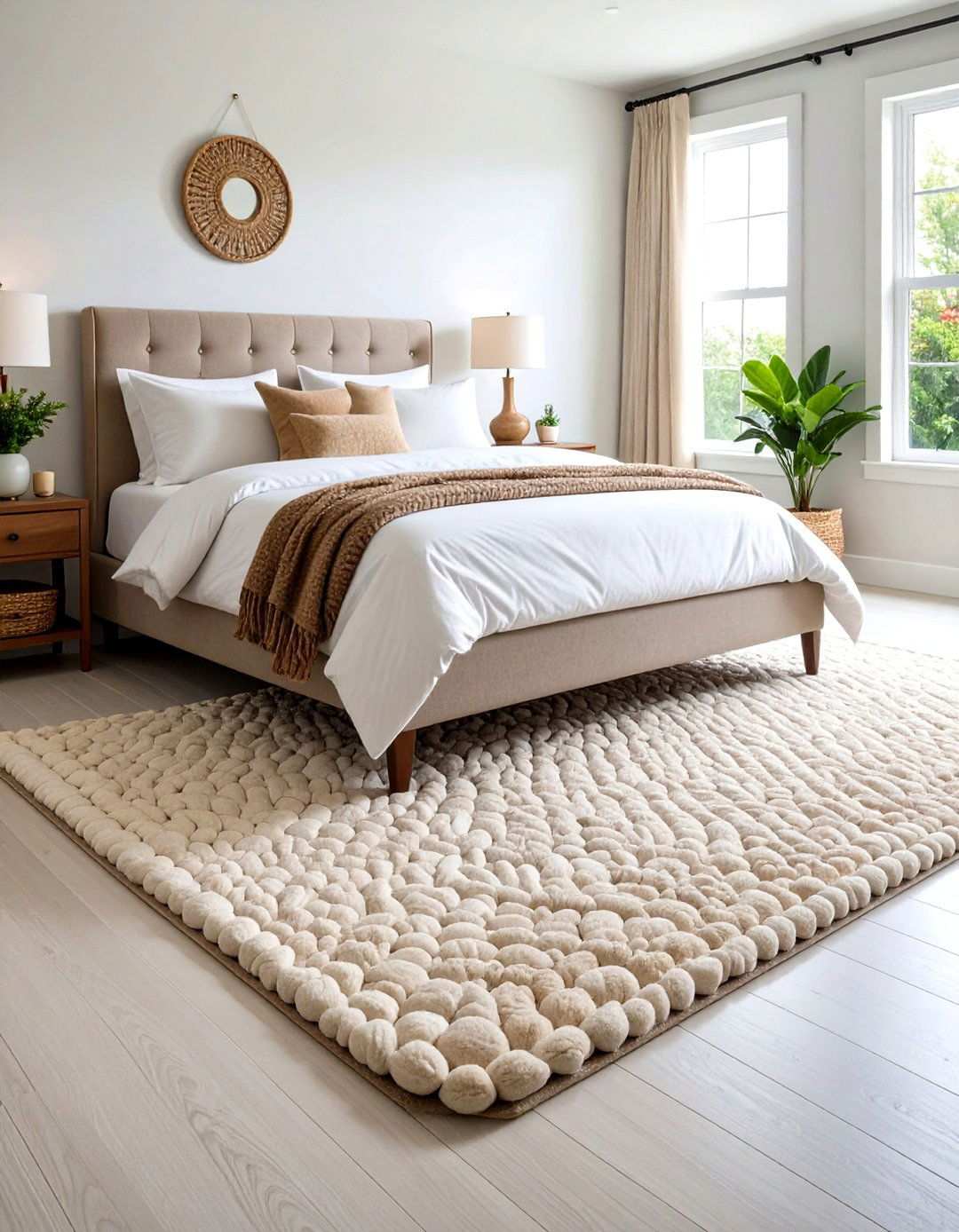 Pebble Textured Rug Mimics Shore Underfoot in a Beach Bedroom - 20 Beach Themed Bedroom Ideas